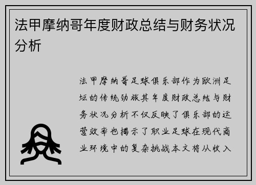 法甲摩纳哥年度财政总结与财务状况分析